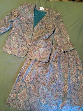 Alfred Dunner Paisley Blazer and Skirt Set in Teal, Mauve and Brown